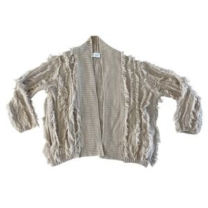 Storia Ruffle Your Feather Sweater Small Beige Open Front Cardigan Fringe Size M